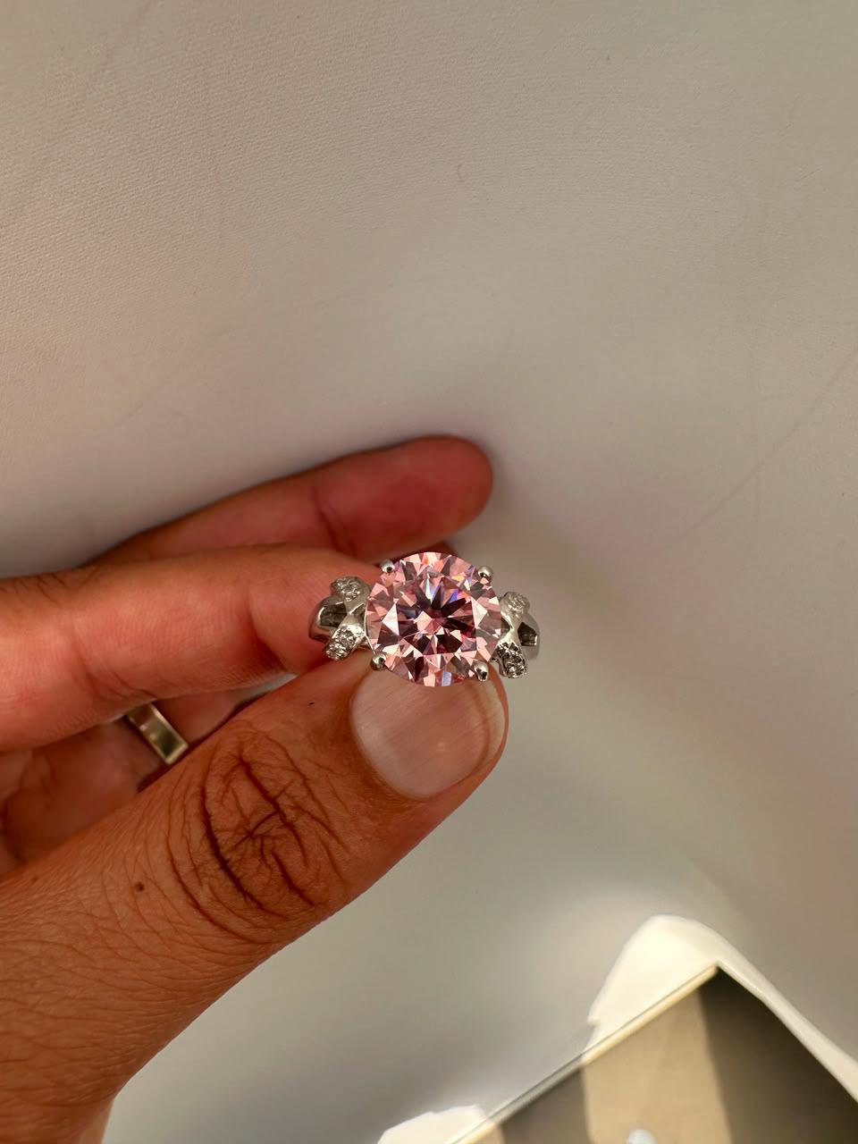 5 CT Pink Round Moissanite Engagement Ring, 14K White Gold Crossover Band