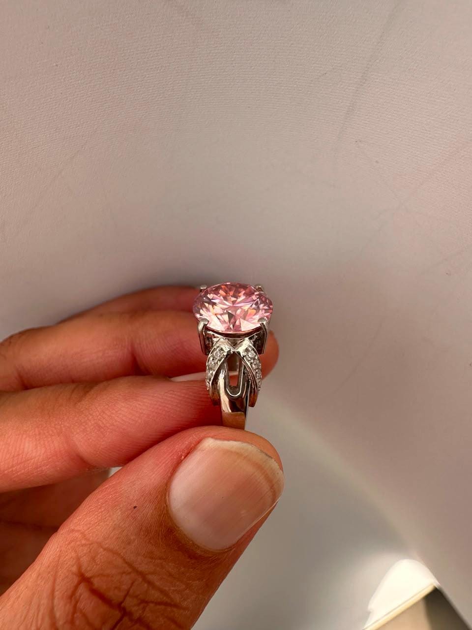 5 CT Pink Round Moissanite Engagement Ring, 14K White Gold Crossover Band