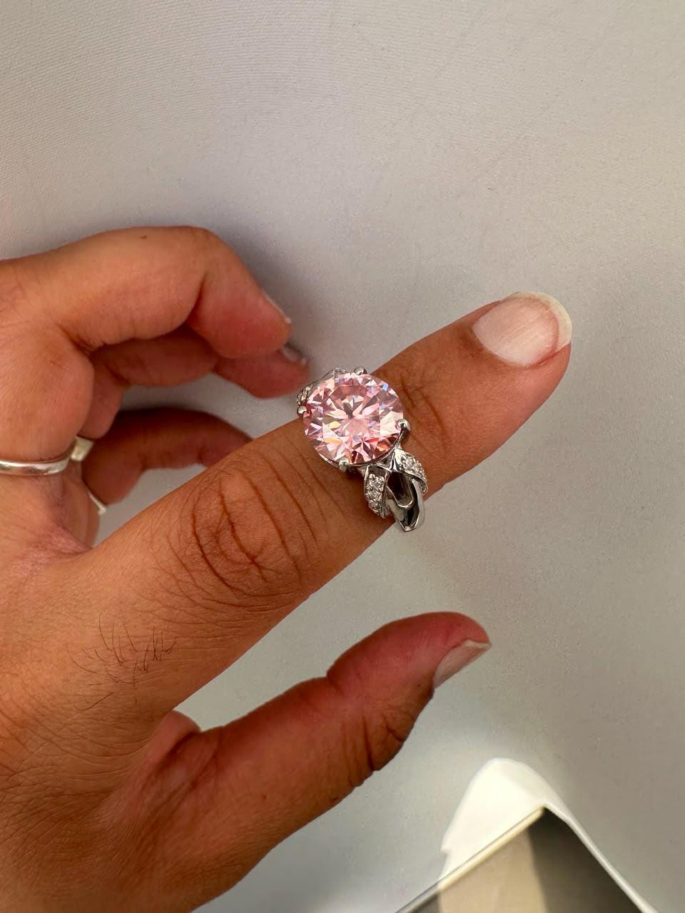5 CT Pink Round Moissanite Engagement Ring, 14K White Gold Crossover Band