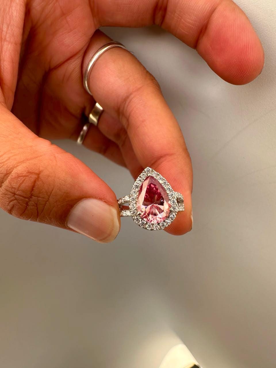 4 CT Pink Pear Moissanite Halo Engagement Ring 14K White Gold Split Shank