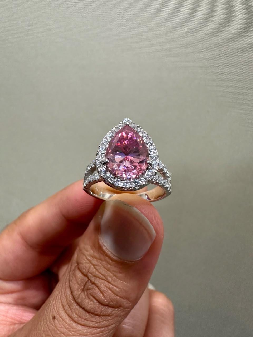 4 CT Pink Pear Moissanite Halo Engagement Ring 14K White Gold Split Shank