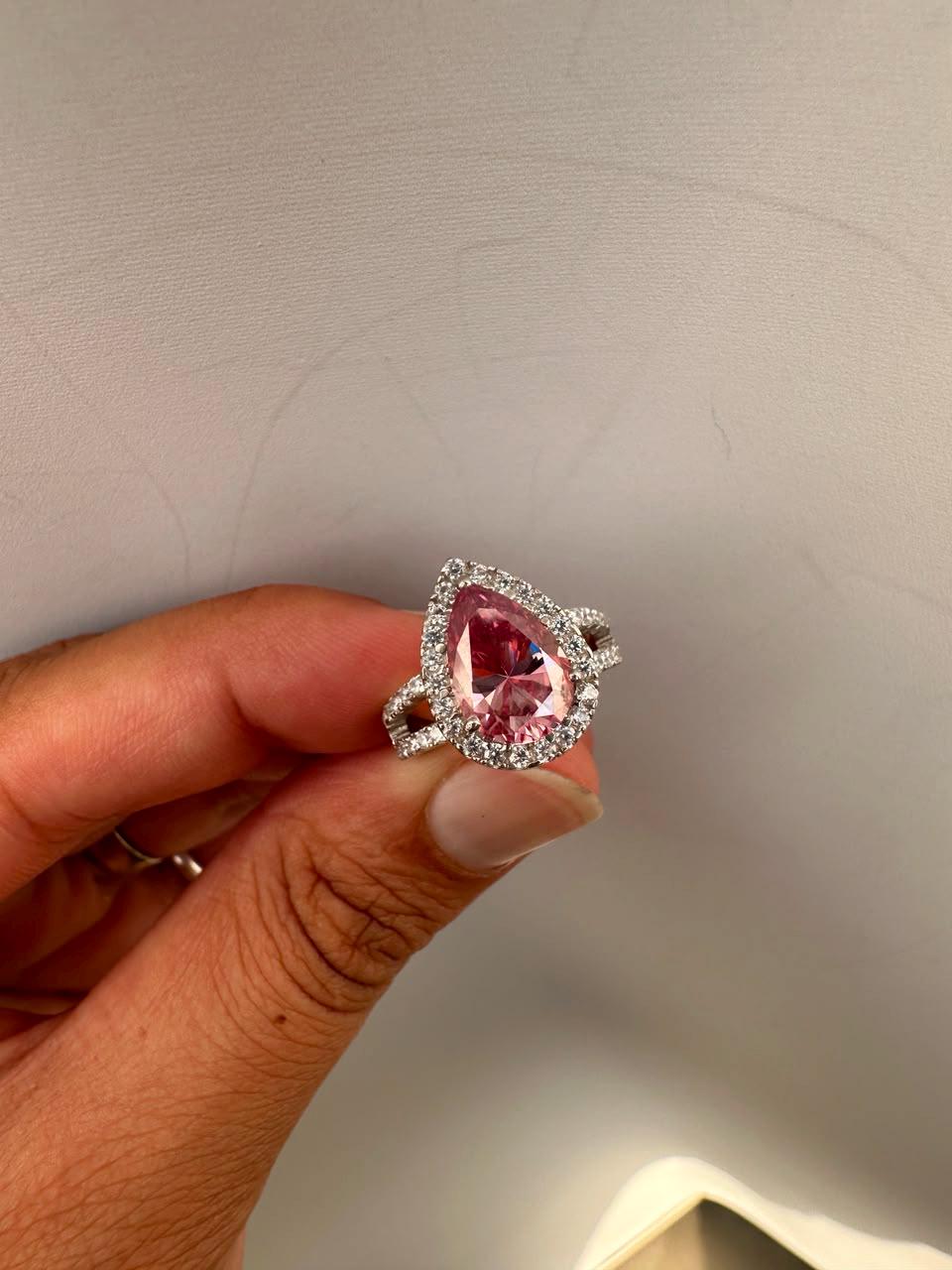 4 CT Pink Pear Moissanite Halo Engagement Ring 14K White Gold Split Shank
