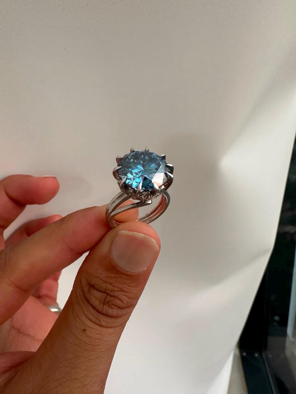 10 CT Blue Moissanite Statement Ring, 14K White Gold Split Shank, Modern Women's Ring