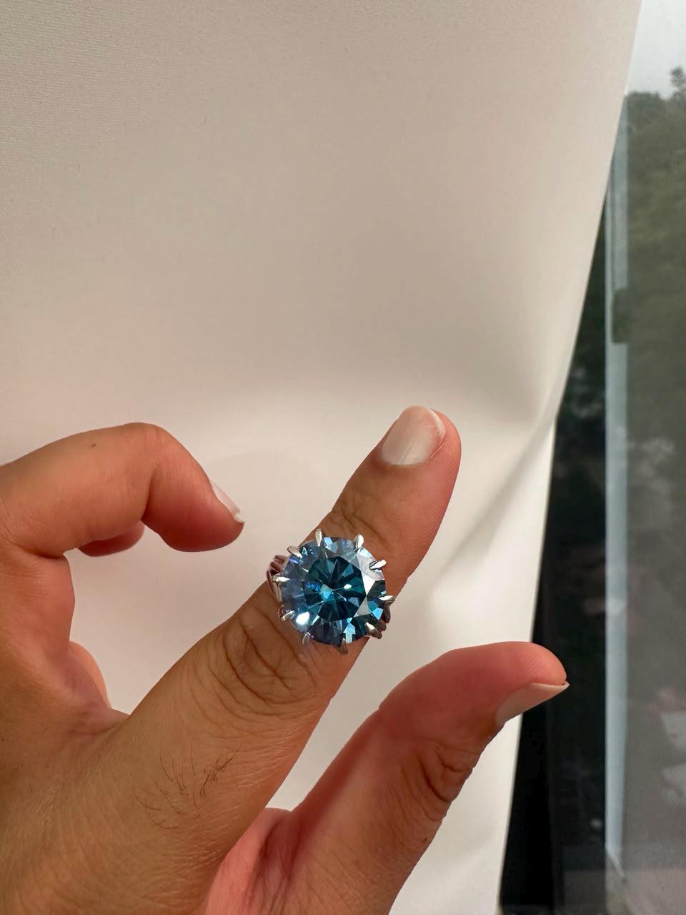 10 CT Blue Moissanite Statement Ring, 14K White Gold Split Shank, Modern Women's Ring