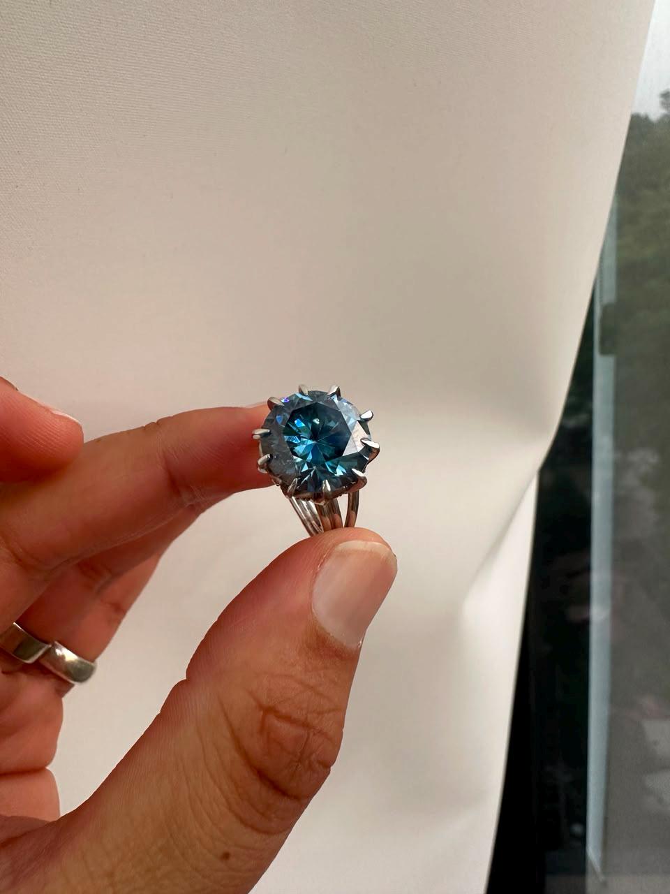 10 CT Blue Moissanite Statement Ring, 14K White Gold Split Shank, Modern Women's Ring