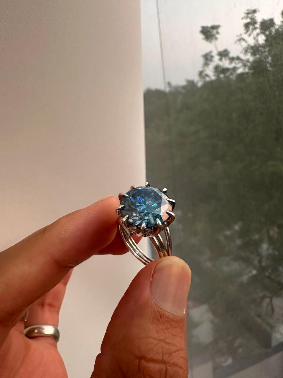 10 CT Blue Moissanite Statement Ring, 14K White Gold Split Shank, Modern Women's Ring