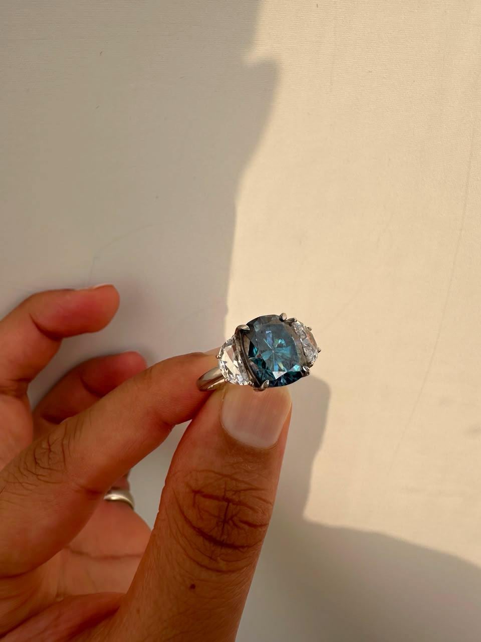 7 CT Blue Cushion Moissanite Engagement Ring, 14K White Gold Three Stone Ring