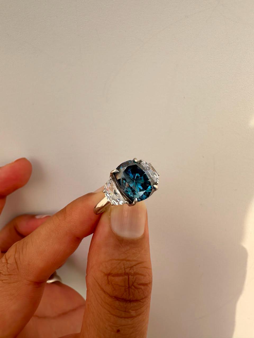 7 CT Blue Cushion Moissanite Engagement Ring, 14K White Gold Three Stone Ring