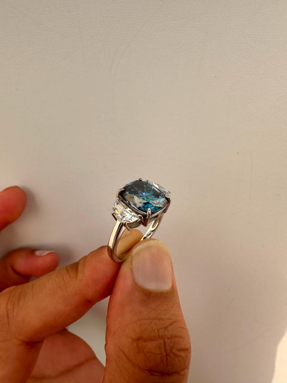 7 CT Blue Cushion Moissanite Engagement Ring, 14K White Gold Three Stone Ring