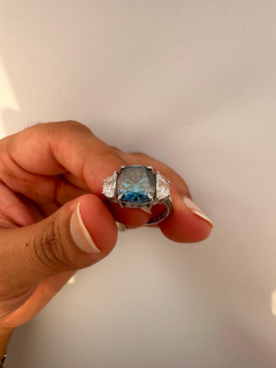 7 CT Blue Cushion Moissanite Engagement Ring, 14K White Gold Three Stone Ring