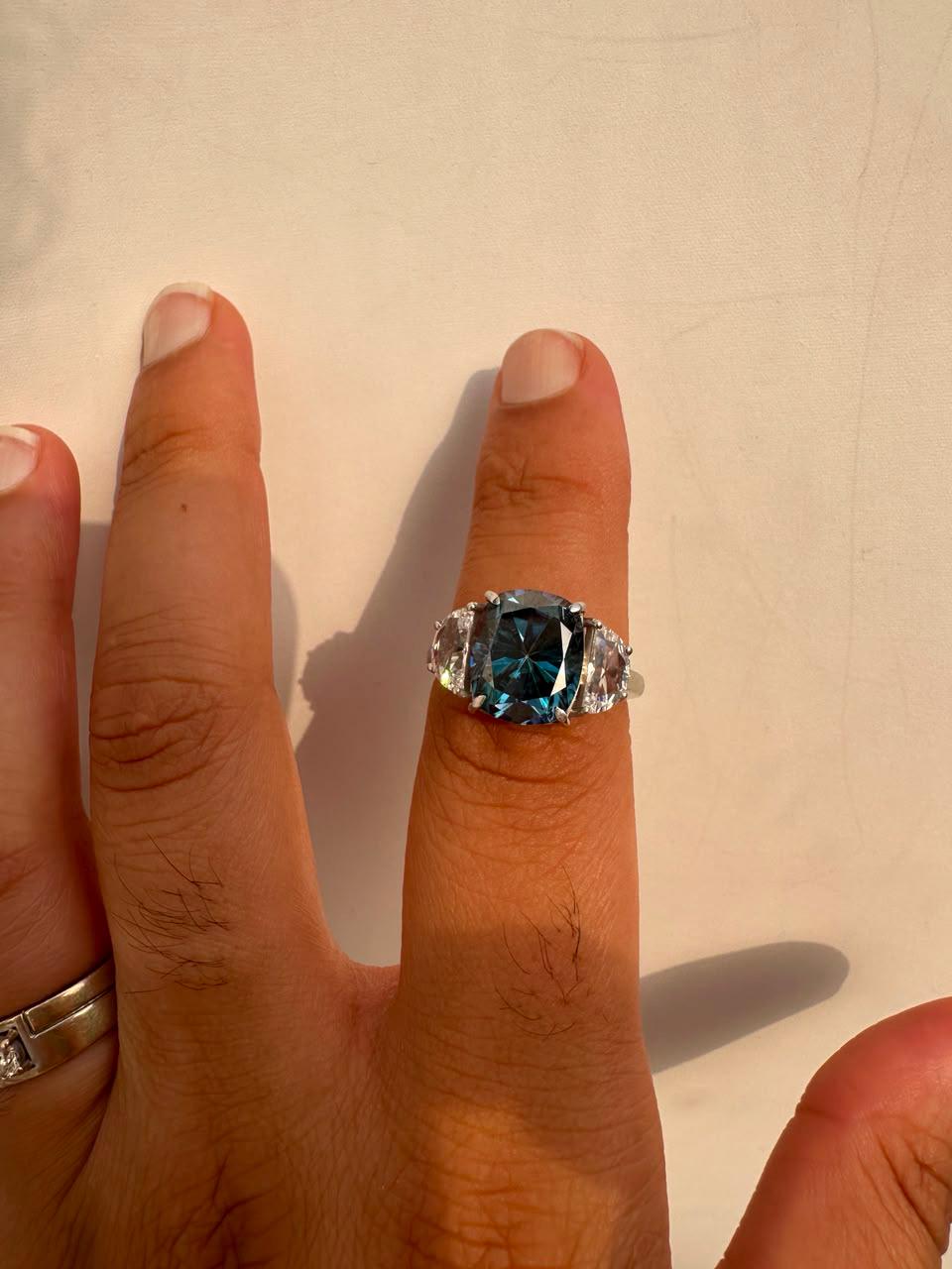7 CT Blue Cushion Moissanite Engagement Ring, 14K White Gold Three Stone Ring