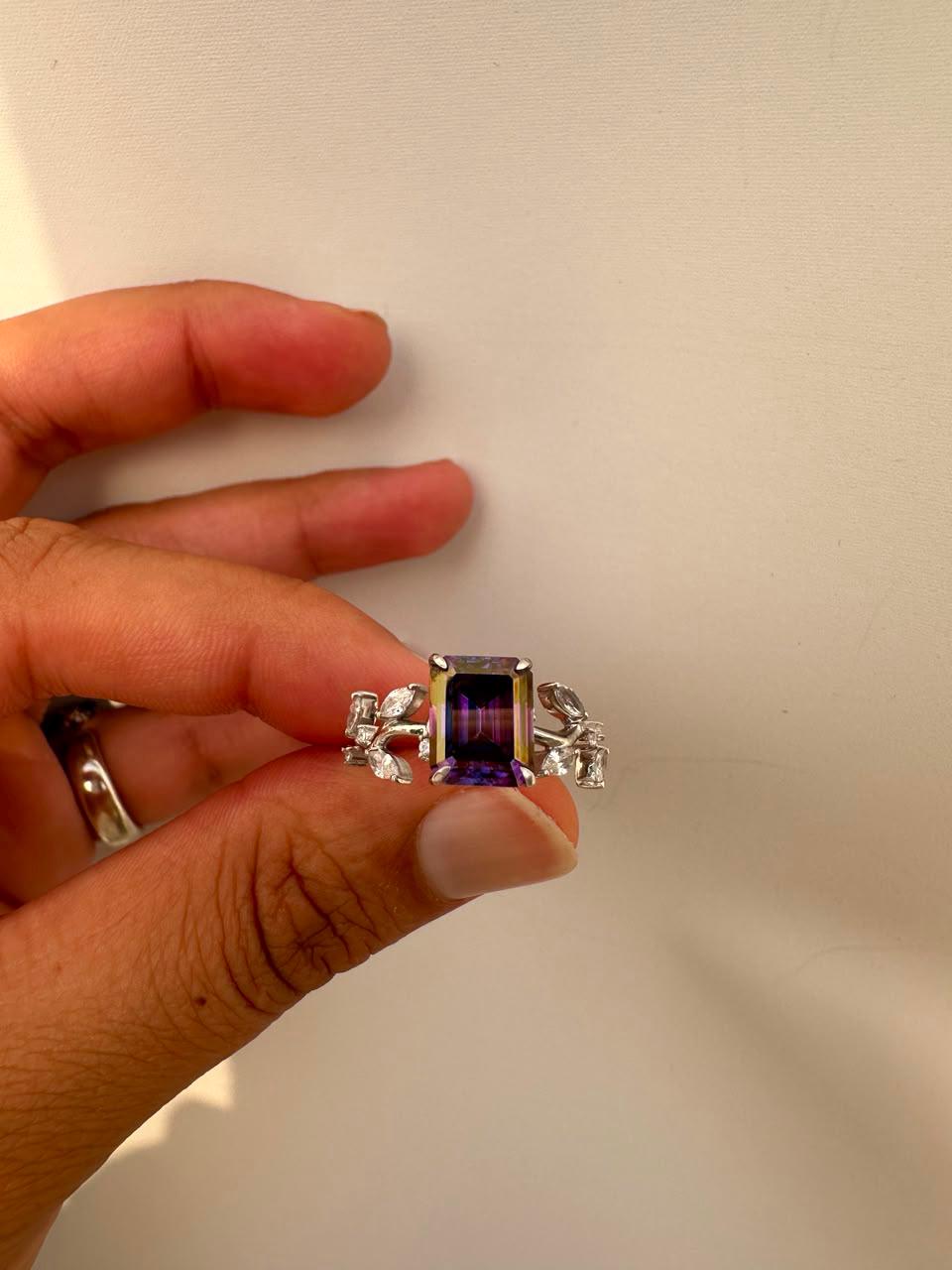 3 CT Royal Purple Emerald Cut Moissanite Ring, 14K White Gold Leaf Band