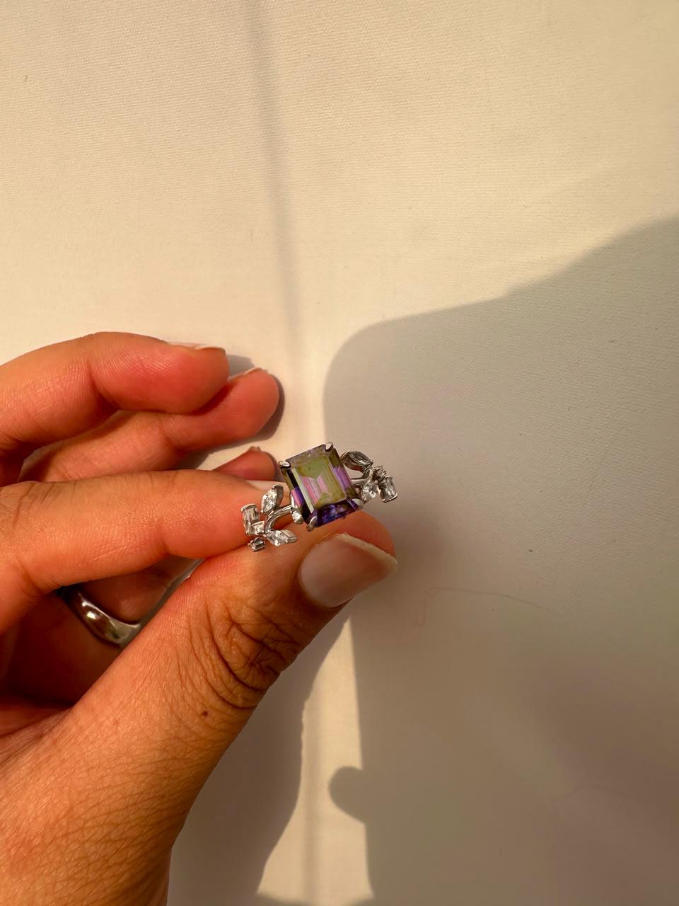 3 CT Royal Purple Emerald Cut Moissanite Ring, 14K White Gold Leaf Band