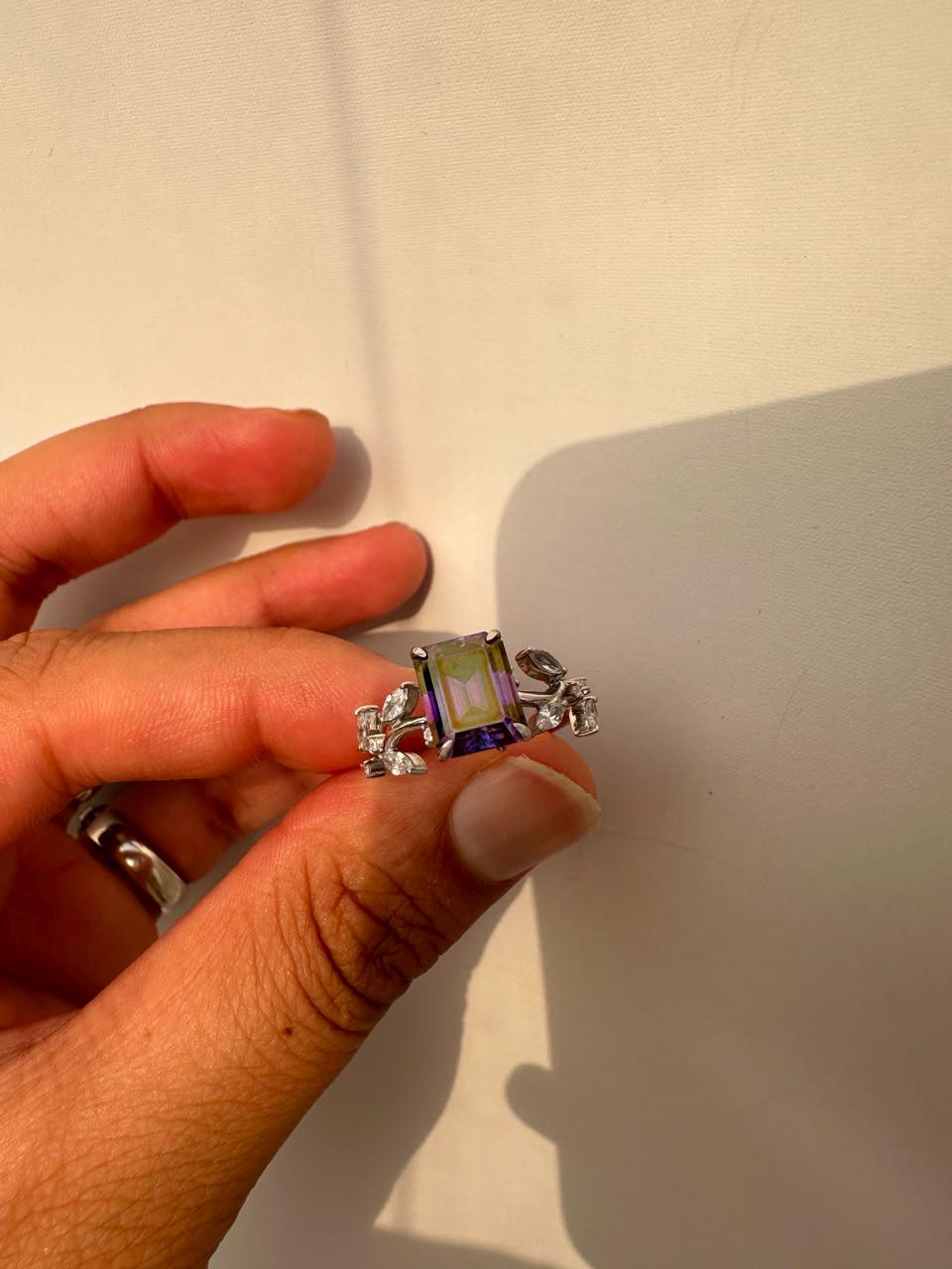 3 CT Royal Purple Emerald Cut Moissanite Ring, 14K White Gold Leaf Band