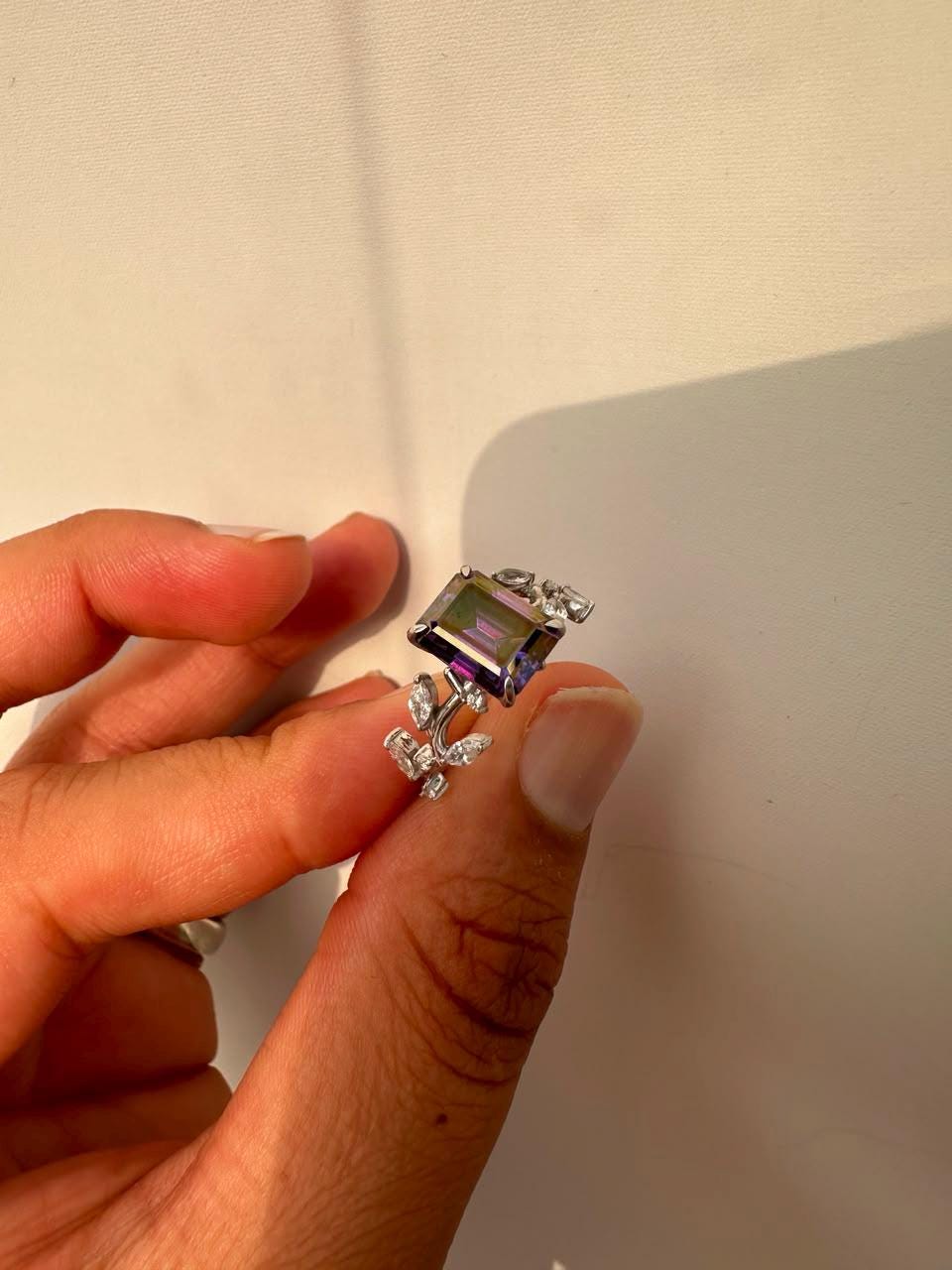 3 CT Royal Purple Emerald Cut Moissanite Ring, 14K White Gold Leaf Band