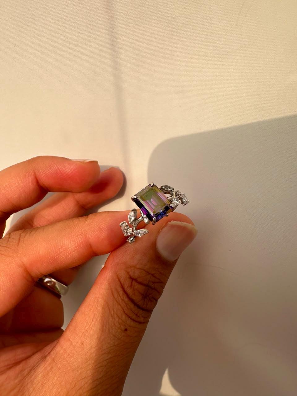 3 CT Royal Purple Emerald Cut Moissanite Ring, 14K White Gold Leaf Band