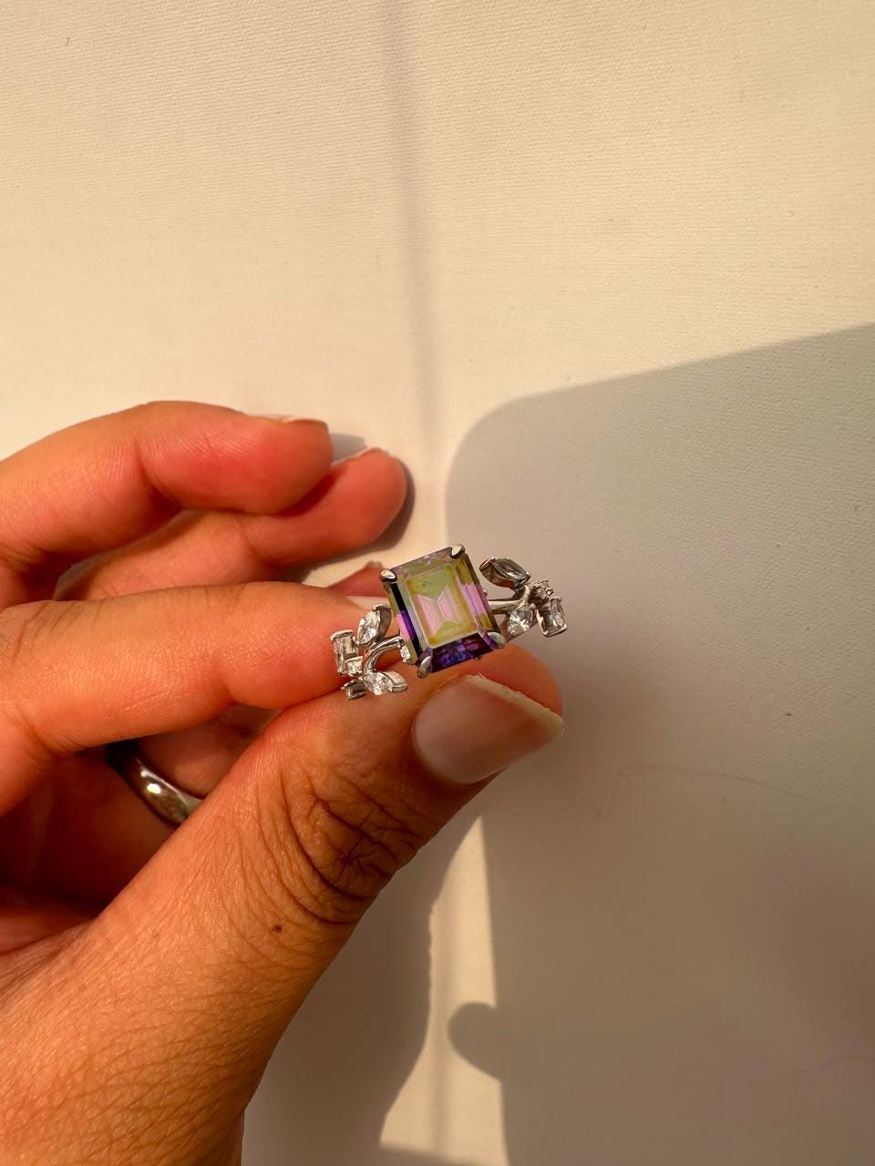 3 CT Royal Purple Emerald Cut Moissanite Ring, 14K White Gold Leaf Band