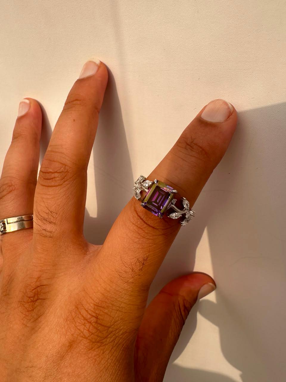 3 CT Royal Purple Emerald Cut Moissanite Ring, 14K White Gold Leaf Band