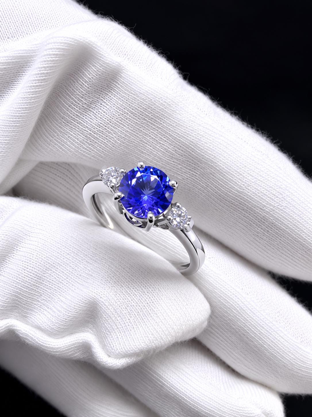 1 CT Round Tanzanite Engagement Ring, 14K White Gold Three Stone Moissanite Ring