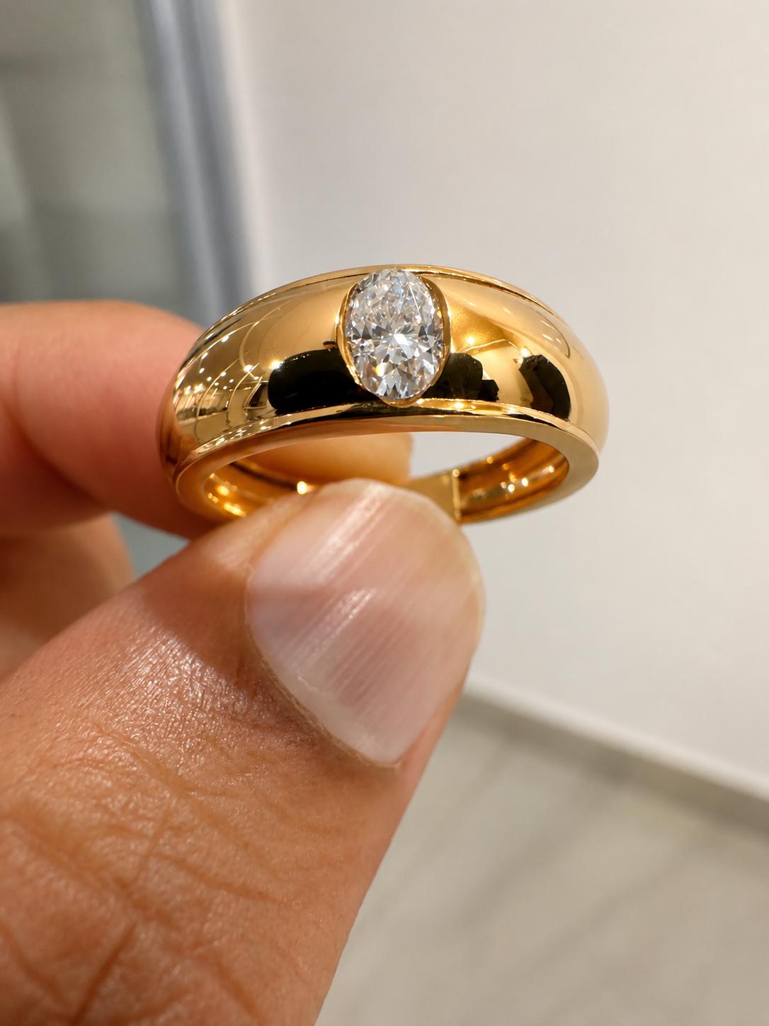 Oval Moissanite Engagement Ring | 14K Gold Bezel Wedding Band