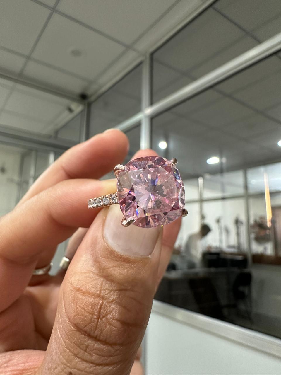 10 CT Pink Cushion Moissanite Engagement Ring, 14K Rose Gold Hidden Halo Pavé Band
