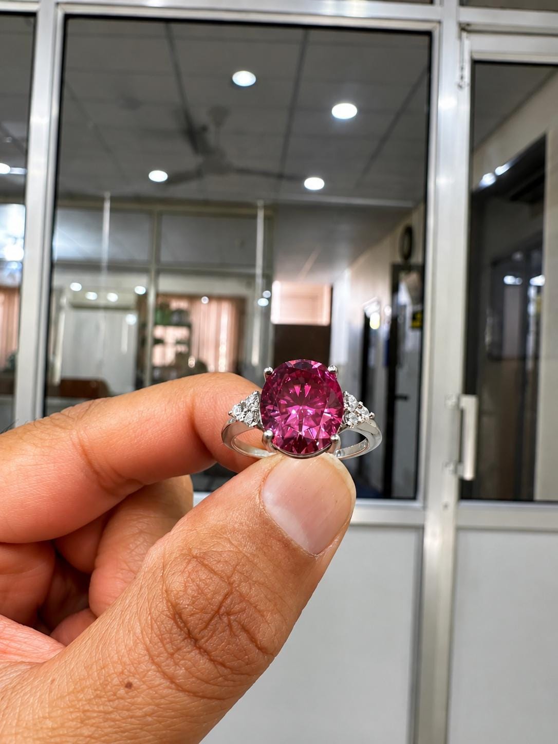 6 CT Oval Imperial Pink Moissanite Engagement Ring, 14K White Gold Three Stone Design