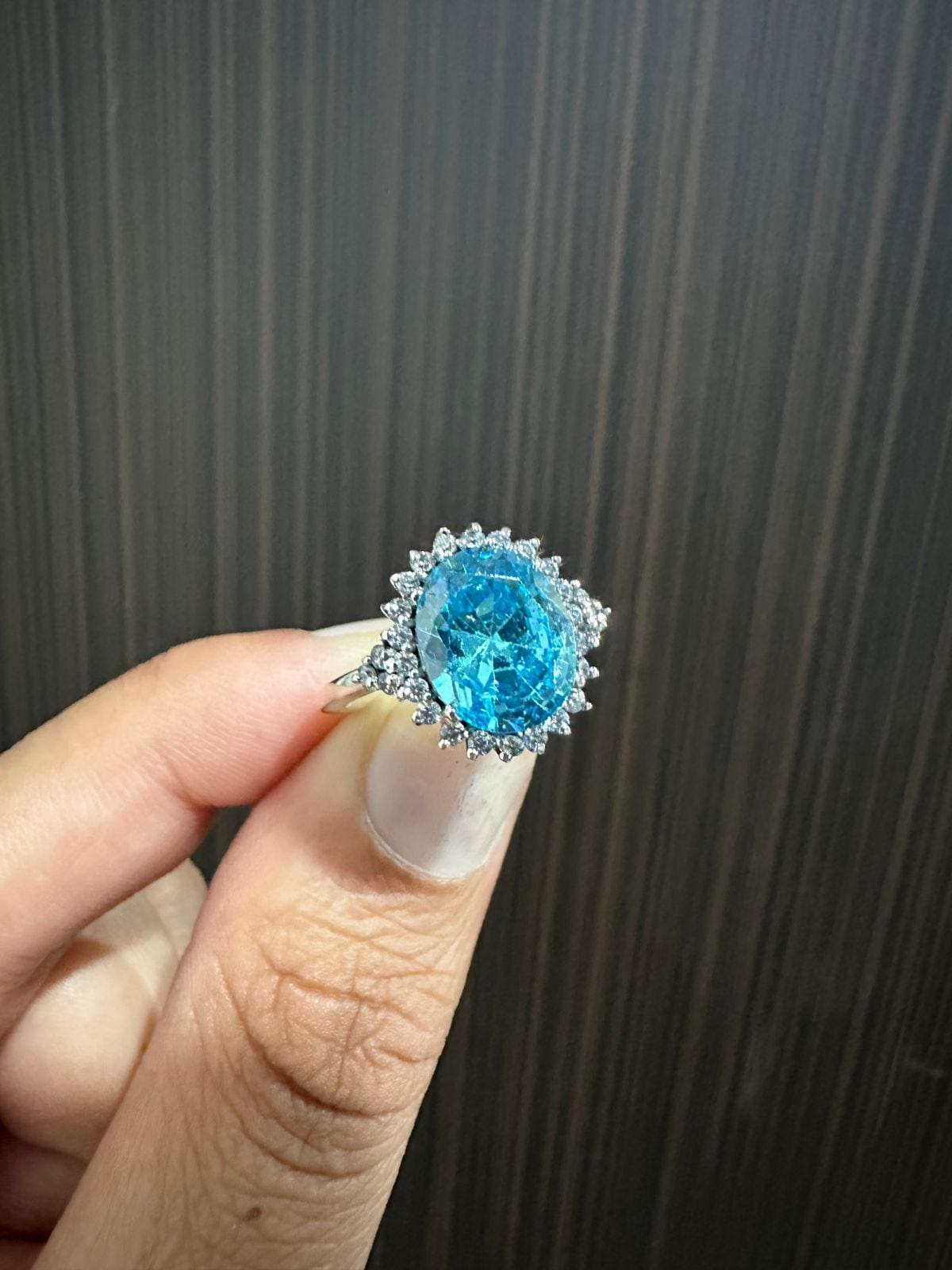 Ice Blue Oval Halo Ring, 925 Sterling Silver Statement Cocktail Ring for women