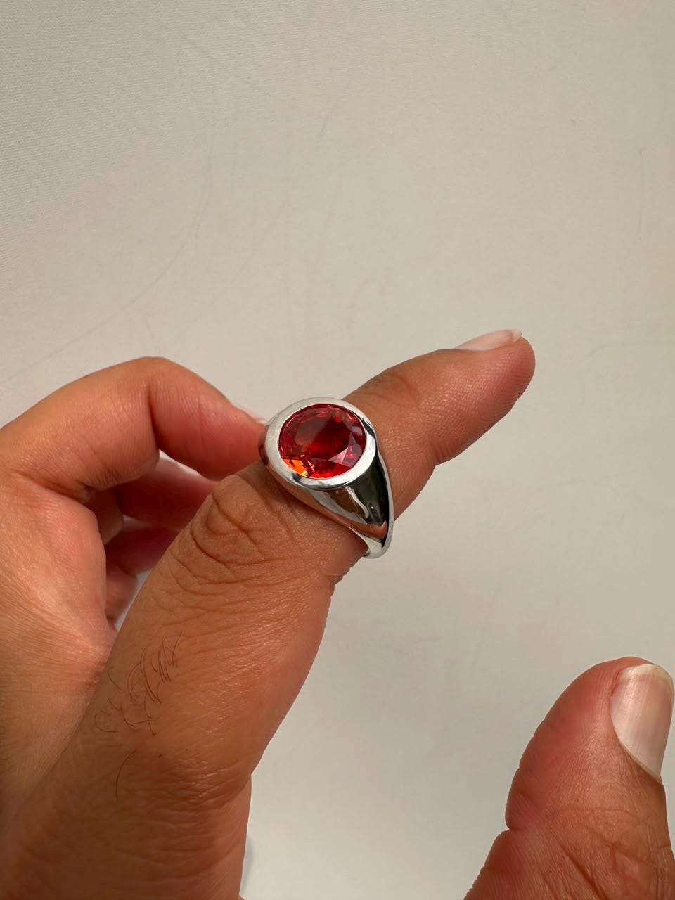 Sunburst Orange Moissanite Signet Ring, 14K White Gold Bezel Set Statement Ring