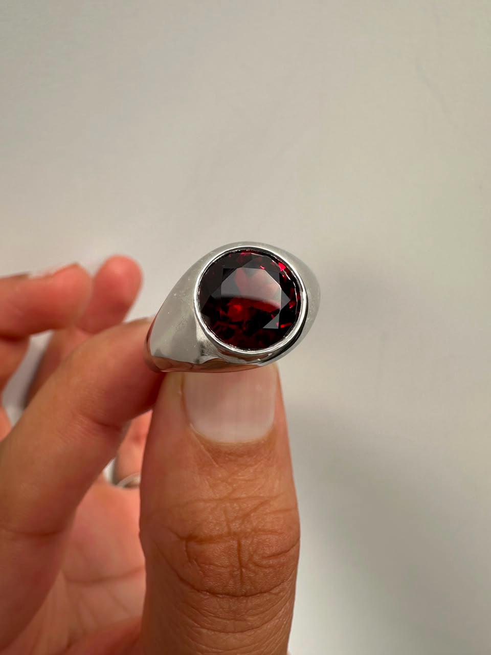 Red Garnet Signet Ring, 14K White Gold Bezel Set, January Birthstone Statement Ring