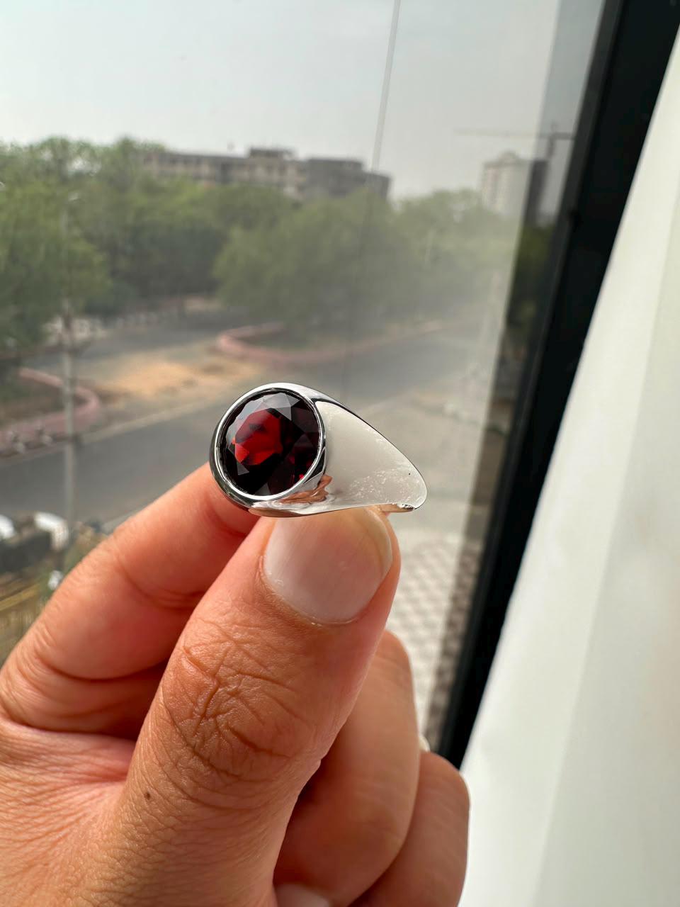 Red Garnet Signet Ring, 14K White Gold Bezel Set, January Birthstone Statement Ring