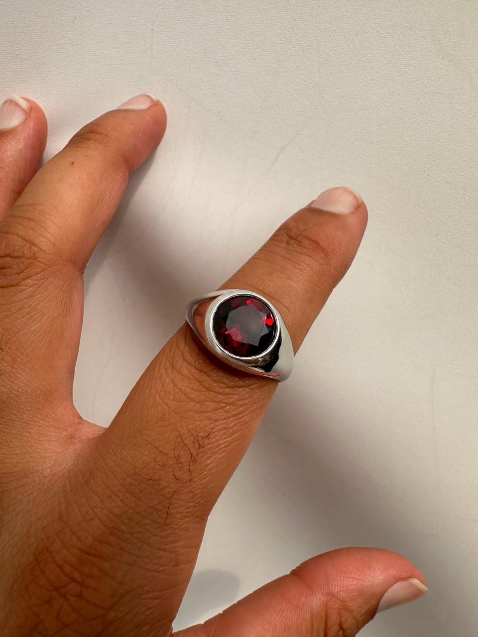 Red Garnet Signet Ring, 14K White Gold Bezel Set, January Birthstone Statement Ring
