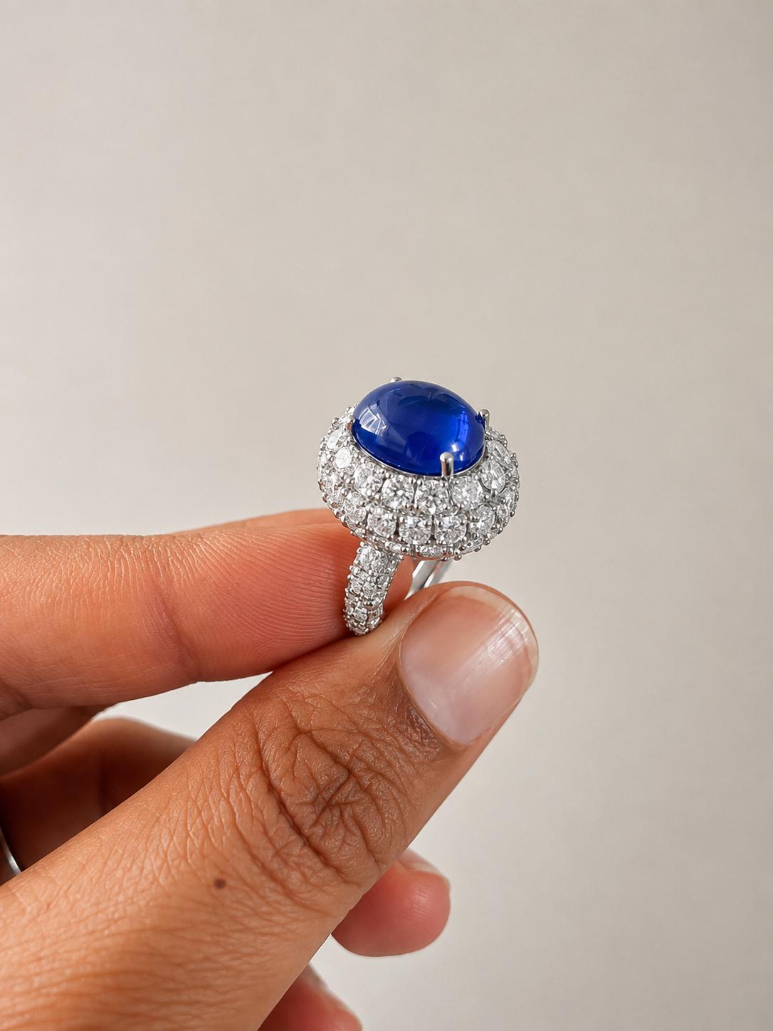 Lab-Grown Royal Blue Sapphire Halo Ring: 14K White Gold Statement Cocktail Ring