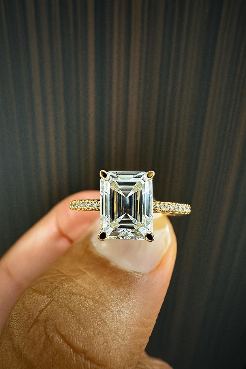 2 CT Emerald Cut Moissanite Engagement Ring, 14K Yellow Gold Pavé Band Proposal Ring