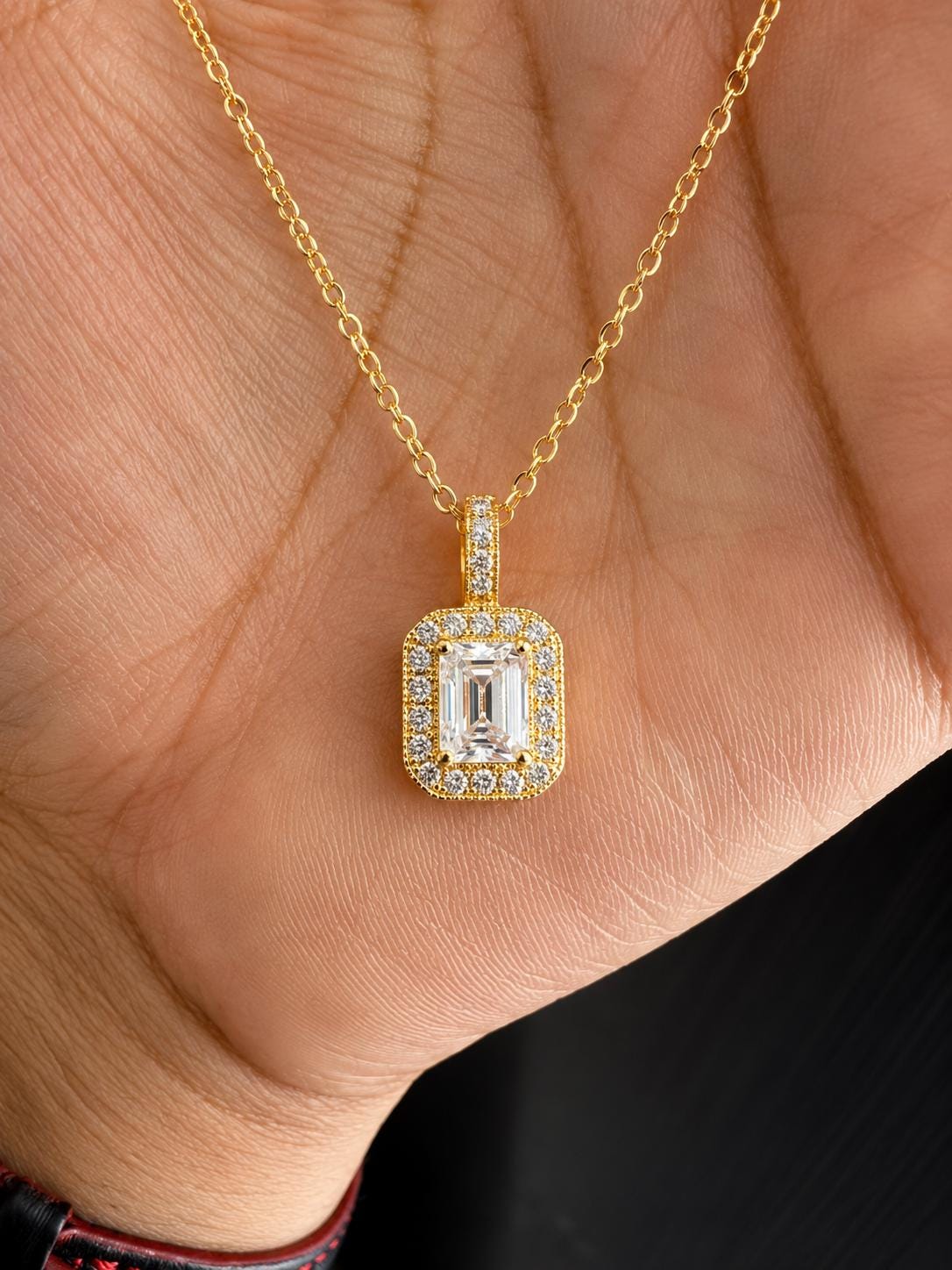 Emerald Cut Moissanite Halo Pendant Necklace, 14K Gold Vermeil, Vintage Style Necklace
