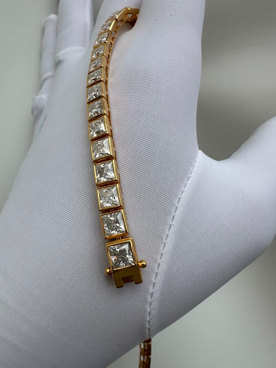 Men's Moissanite Tennis Bracelet, 14K Yellow Gold Sterling Silver, Princess Cut Bezel, 14 CT