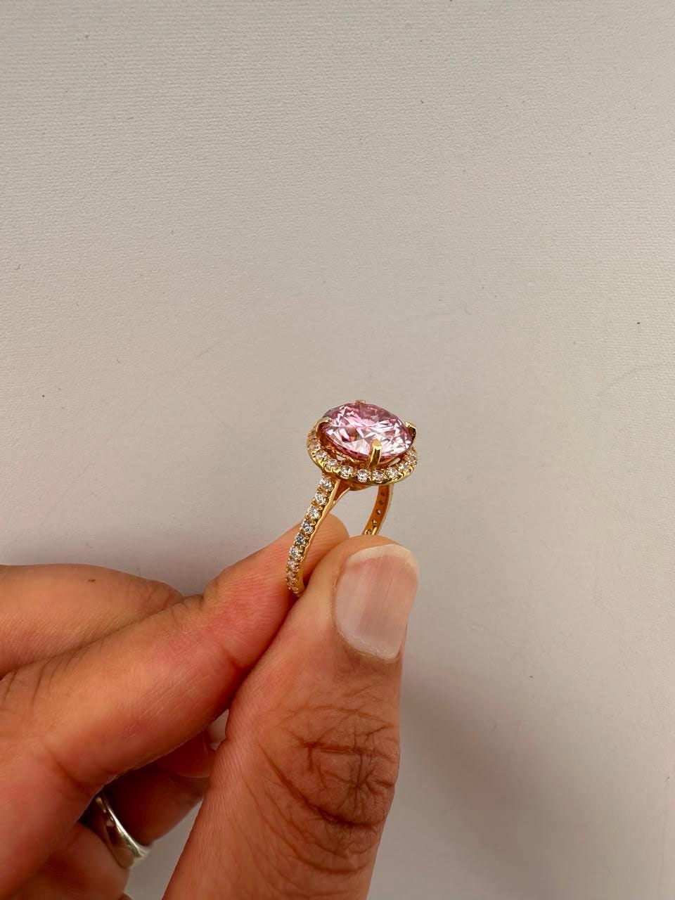 5 CT Pink Round Moissanite Halo Ring, 14K Yellow Gold Pavé Band Engagement Ring
