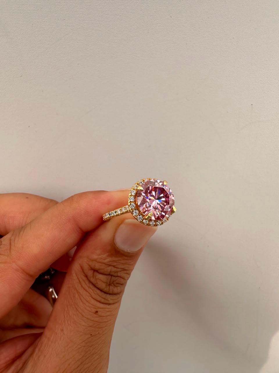 5 CT Pink Round Moissanite Halo Ring, 14K Yellow Gold Pavé Band Engagement Ring