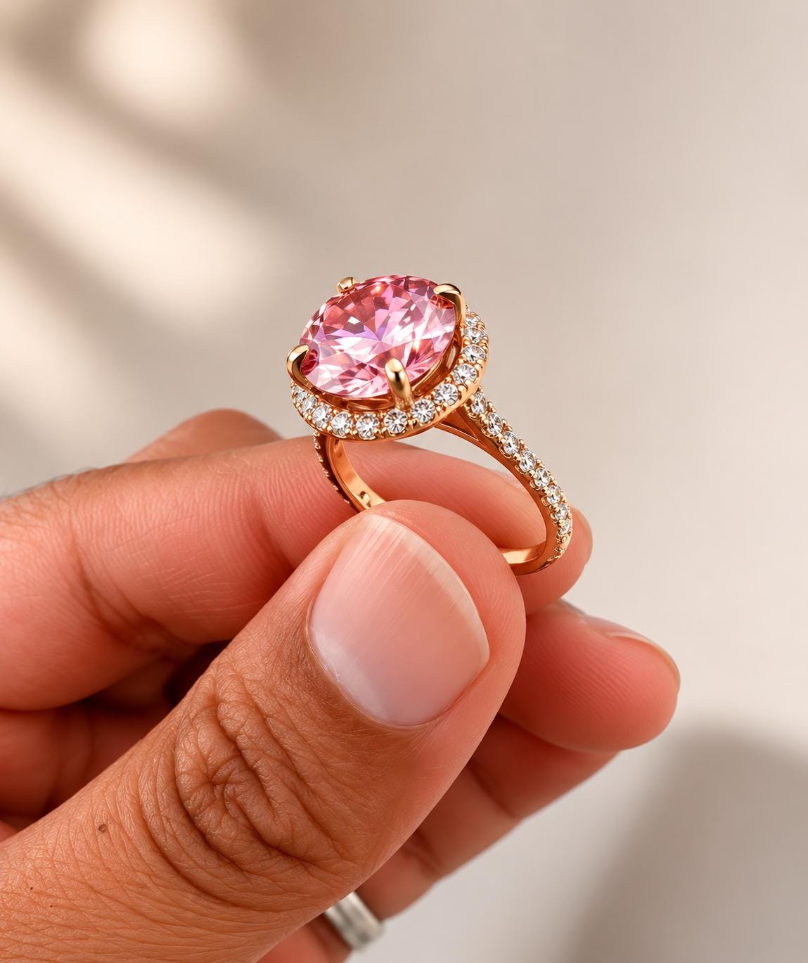 5 CT Pink Round Moissanite Halo Ring, 14K Yellow Gold Pavé Band Engagement Ring