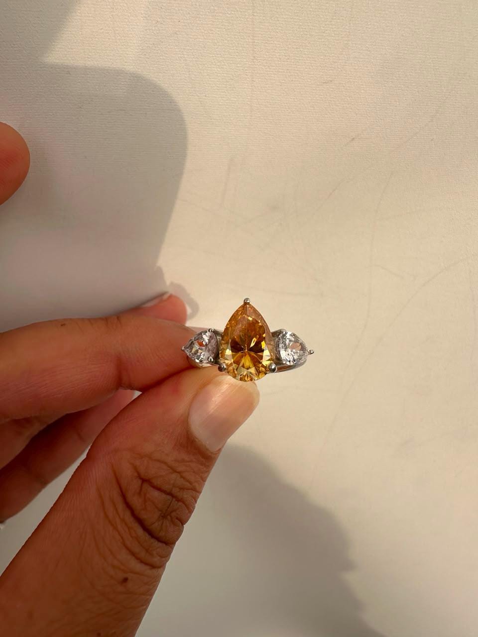 4 CT Pear Cut Yellow Moissanite Engagement Ring, 14K White Gold Three Stone Ring