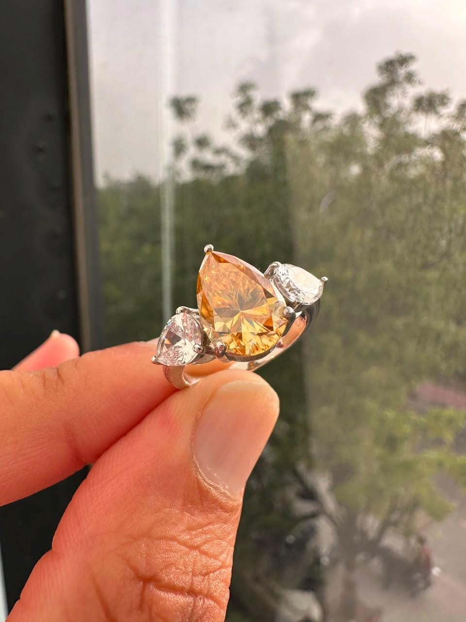 4 CT Pear Cut Yellow Moissanite Engagement Ring, 14K White Gold Three Stone Ring