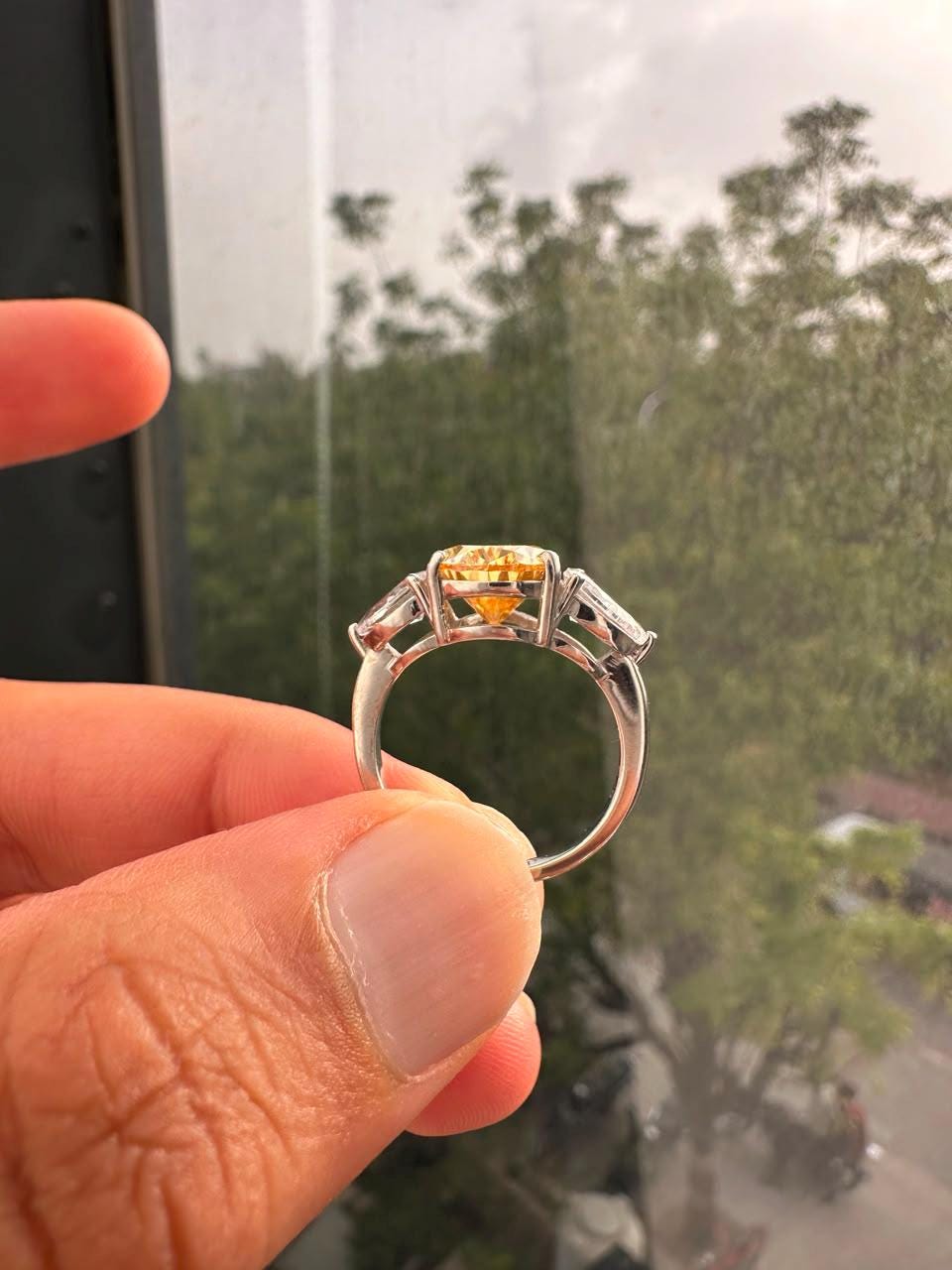 4 CT Pear Cut Yellow Moissanite Engagement Ring, 14K White Gold Three Stone Ring