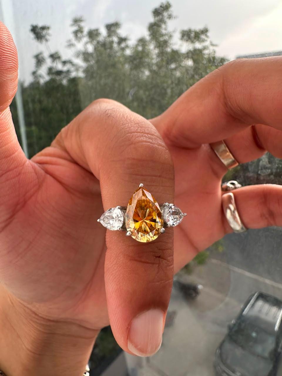 4 CT Pear Cut Yellow Moissanite Engagement Ring, 14K White Gold Three Stone Ring