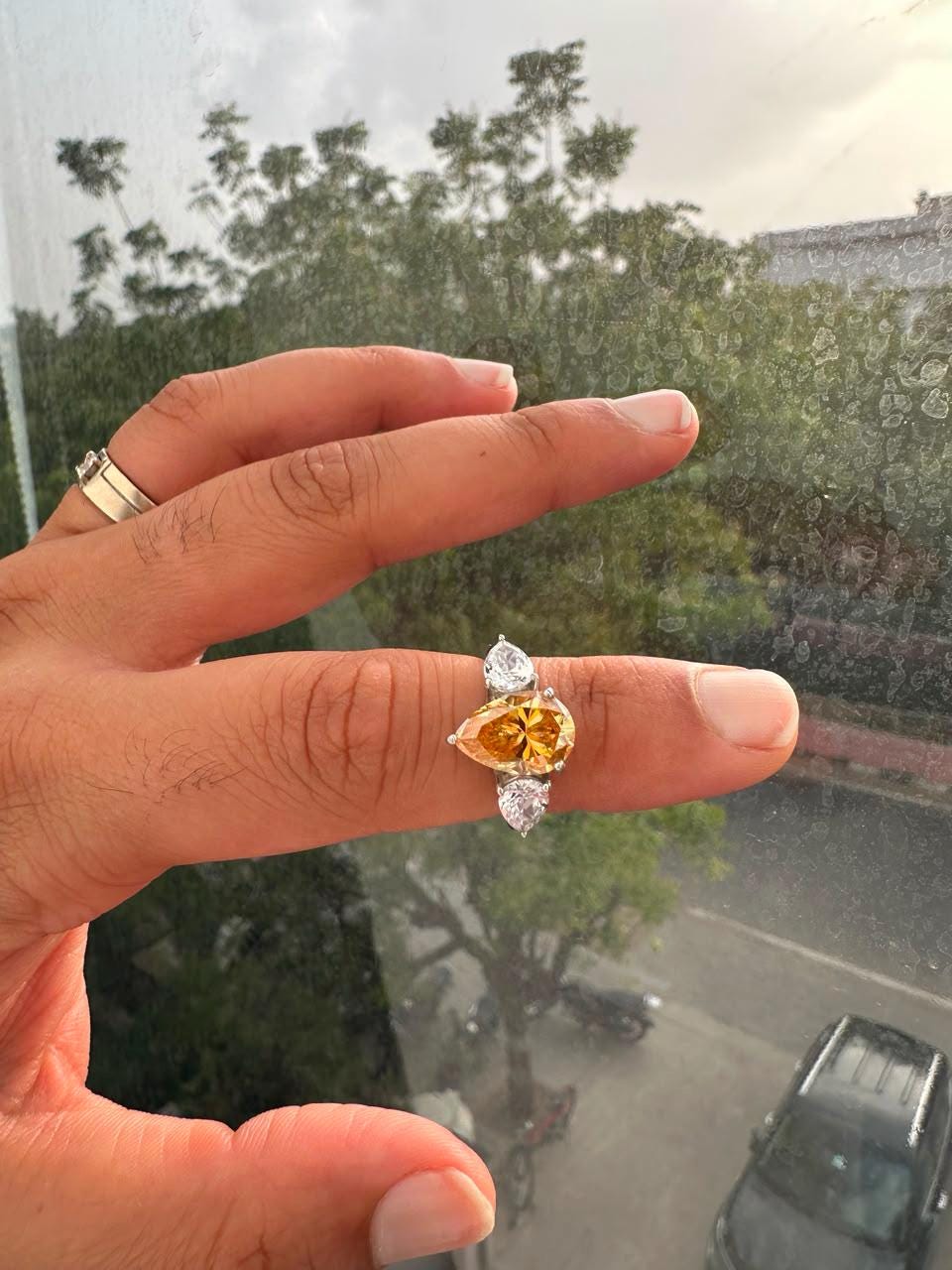 4 CT Pear Cut Yellow Moissanite Engagement Ring, 14K White Gold Three Stone Ring