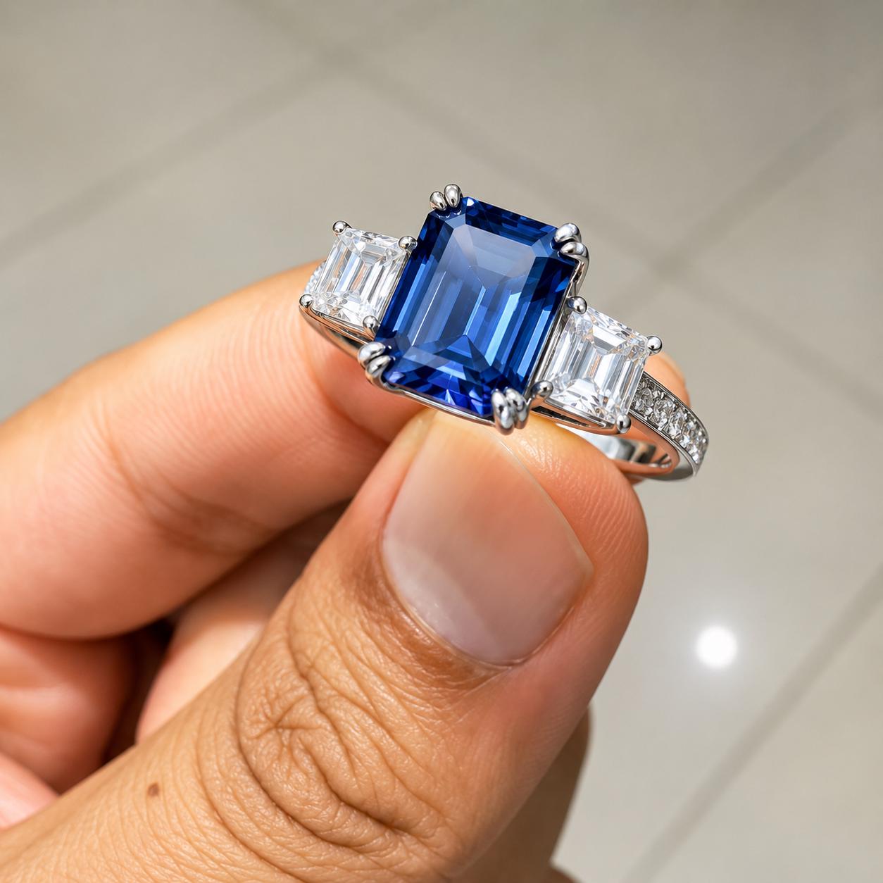 3 CT Emerald Cut Blue Moissanite Engagement Ring, 14K White Gold Anniversary Ring