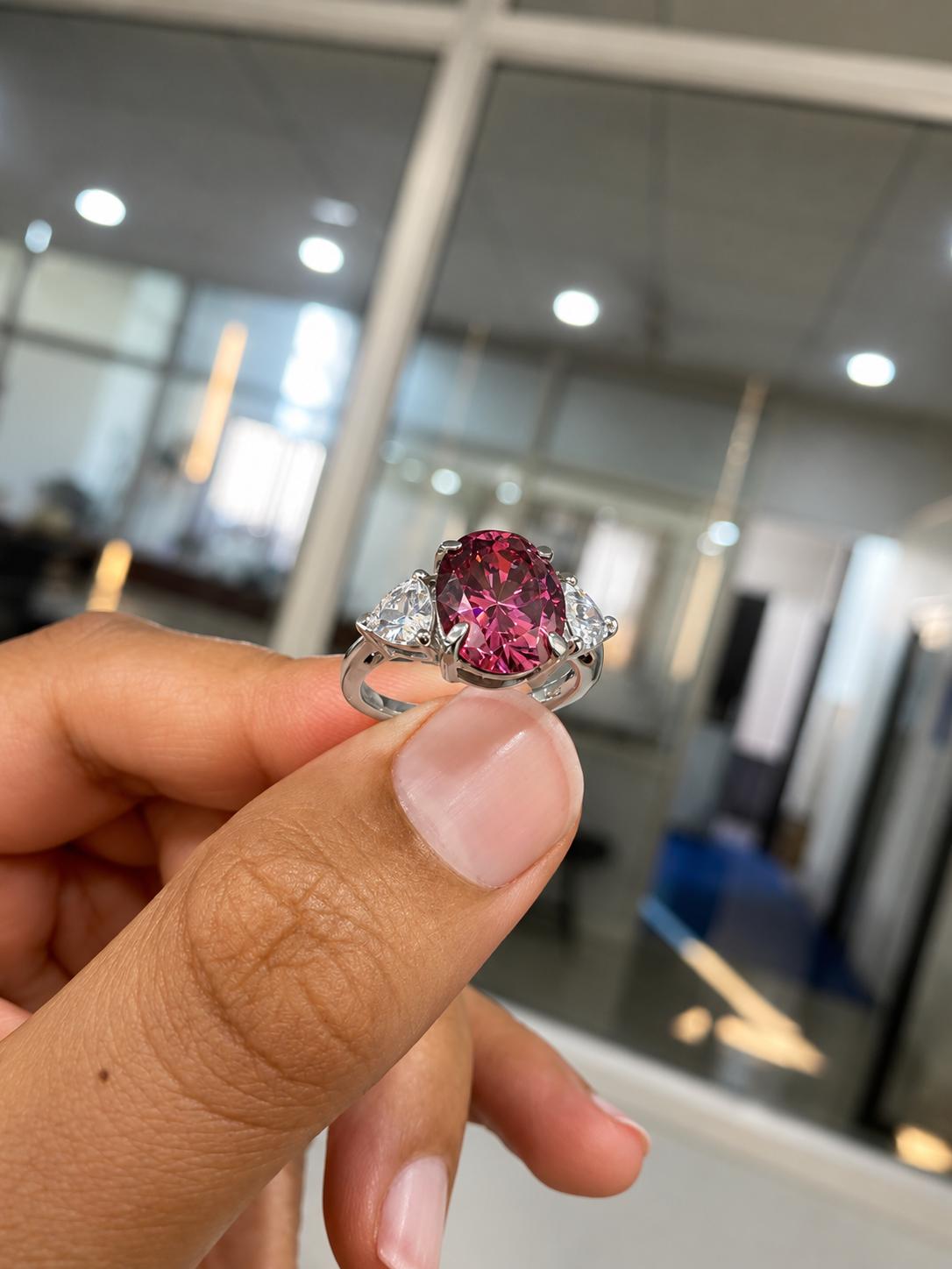 Raspberry Pink Oval Moissanite Engagement Ring, 14K White Gold Three Stone Ring