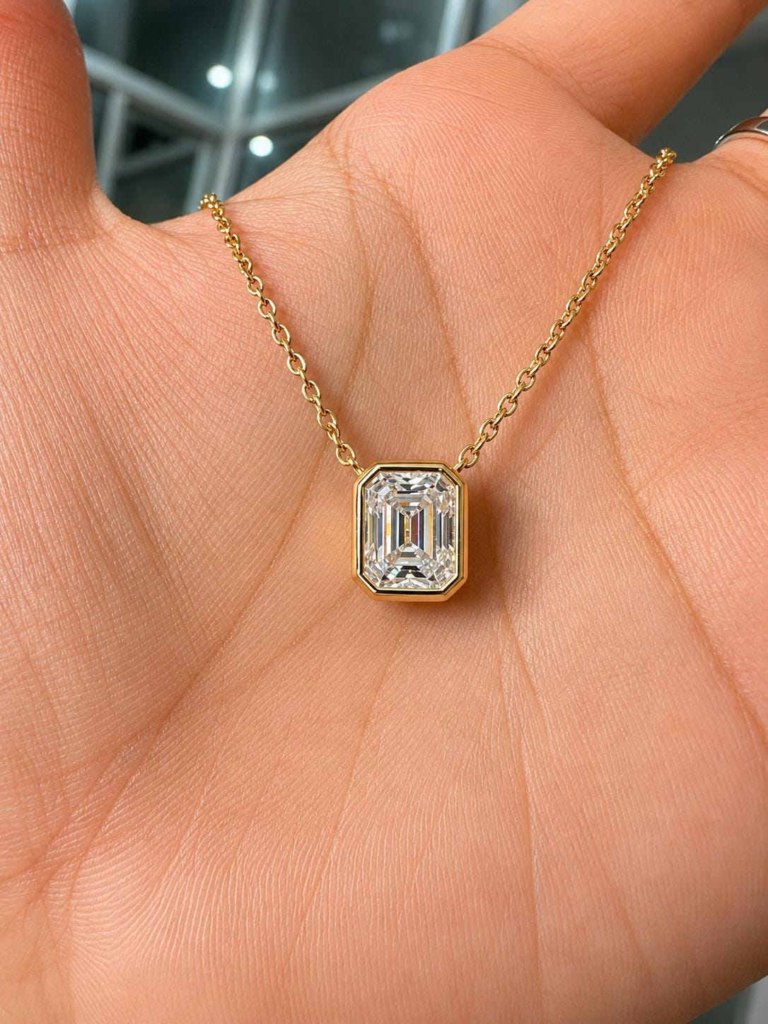 4 Ct Emerald Cut Moissanite Pendant Necklace, 14K Gold Vermeil Bezel Set