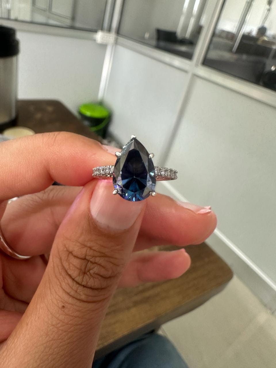 3 CT Pear Cut Blue Moissanite Engagement Ring | 14K White Gold Pavé Band