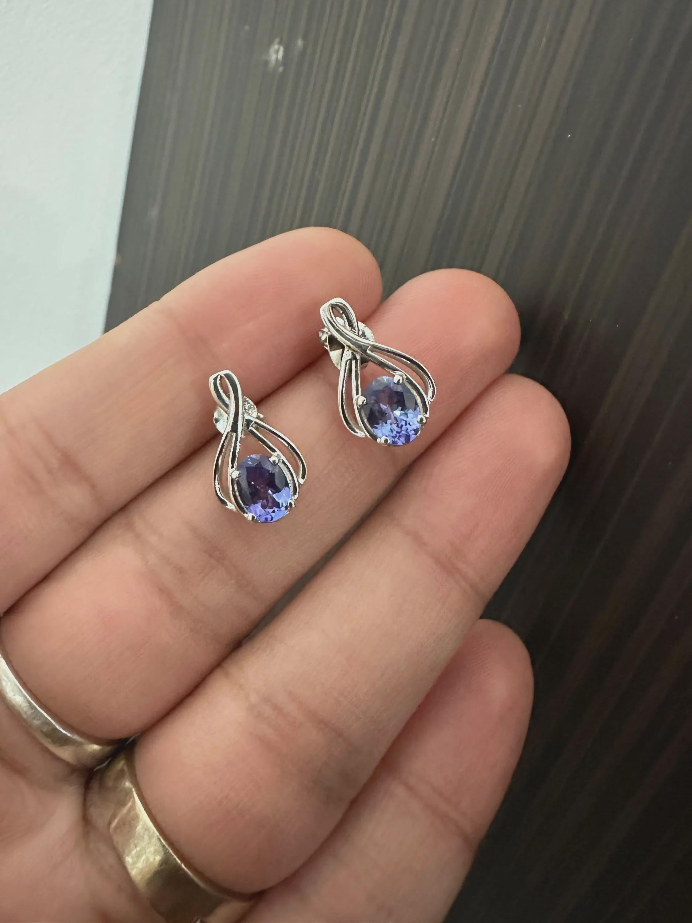 Oval cut Tanzanite Infinity Stud Earrings | 14K White Gold, December Birthstone Jewelry