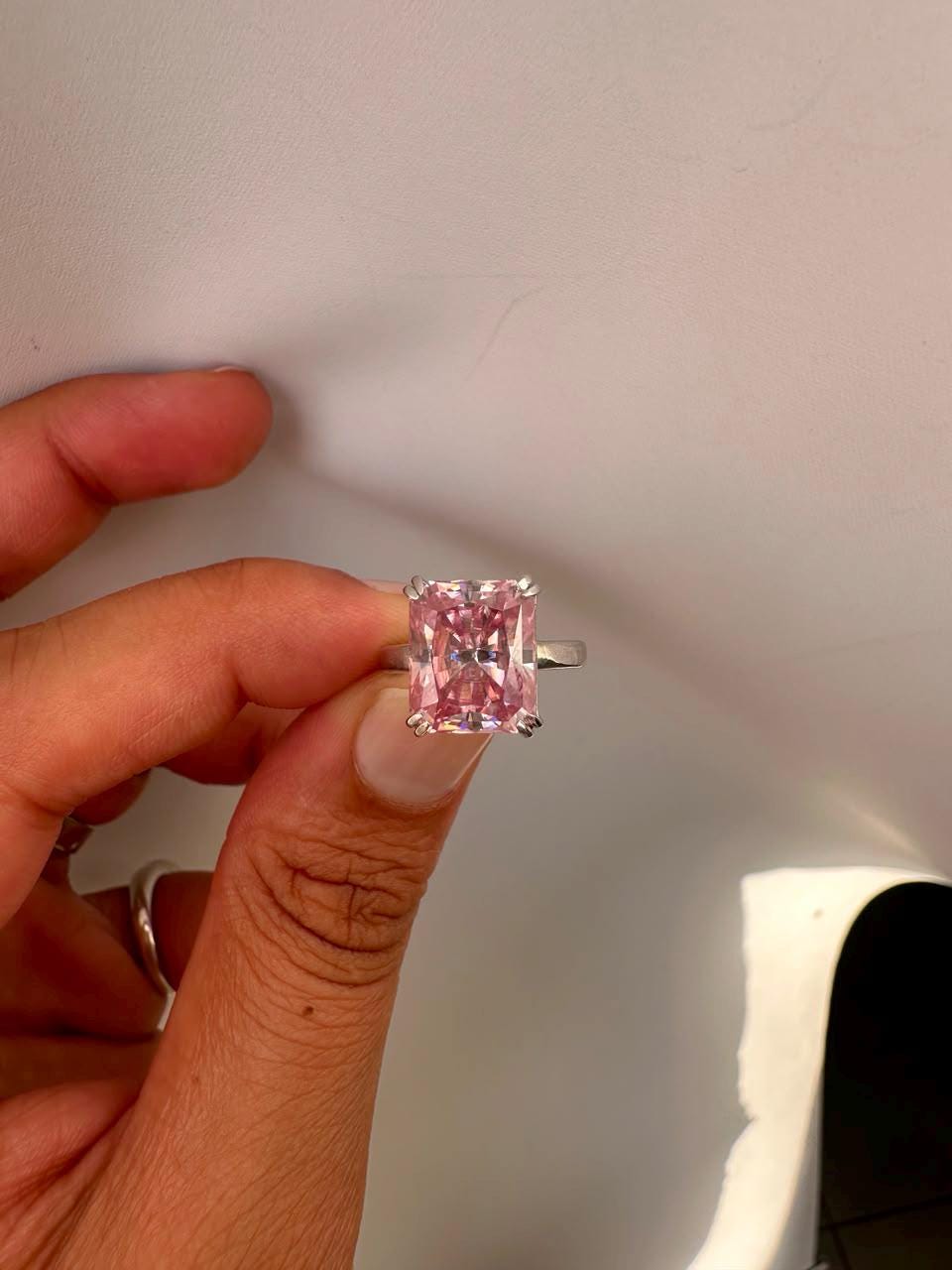 7 CT Radiant Pink Moissanite Engagement Ring, 14K White Gold Solitaire (Double Claw)
