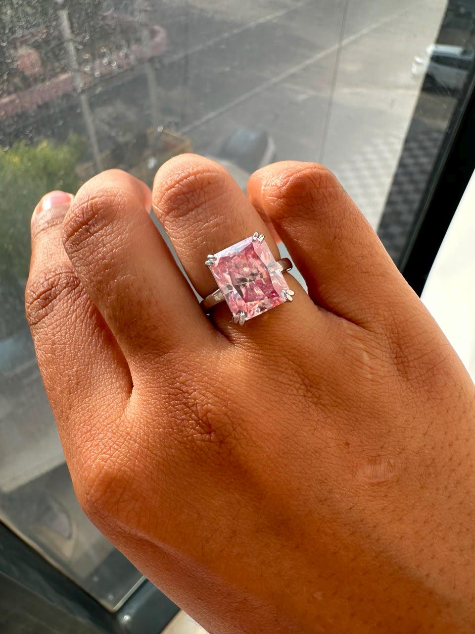 7 CT Radiant Pink Moissanite Engagement Ring, 14K White Gold Solitaire (Double Claw)